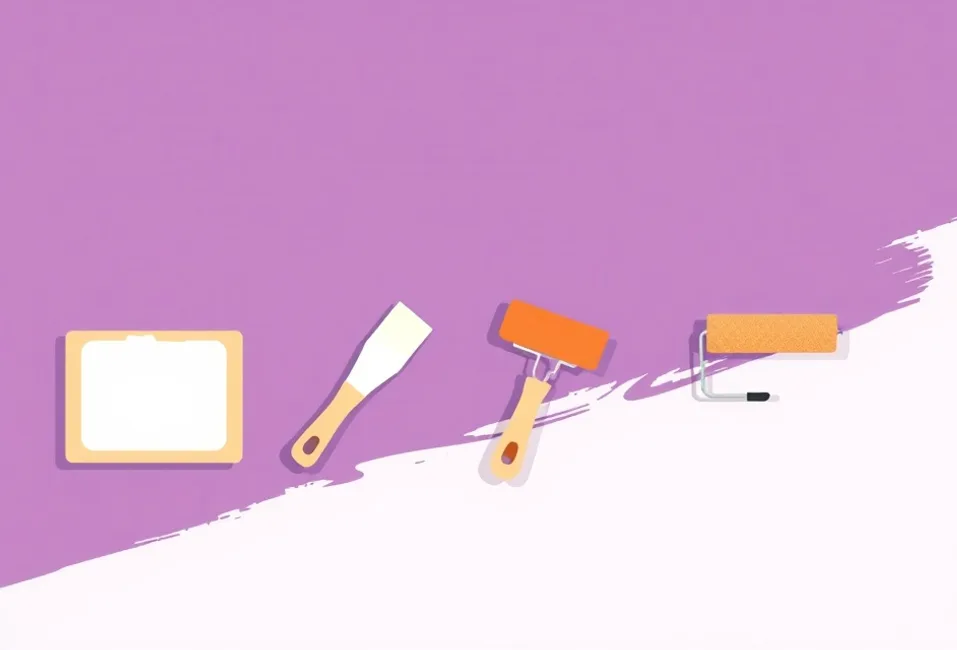 Outils de peinture disposés dans l'ordre des étapes du chantier