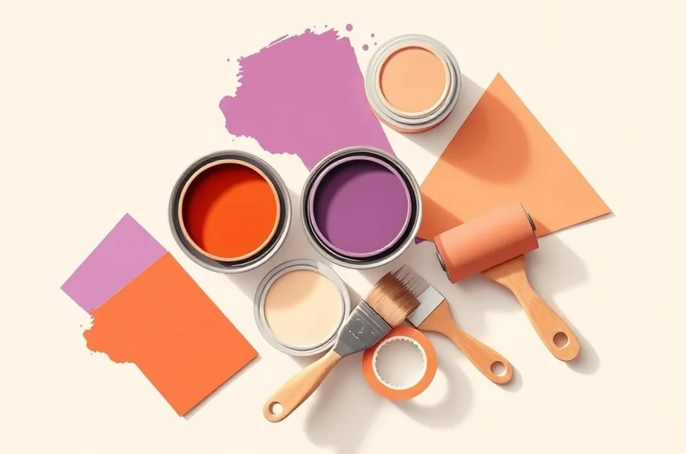 Pots de peinture, nuancier, brosses et rouleaux disposés à plat