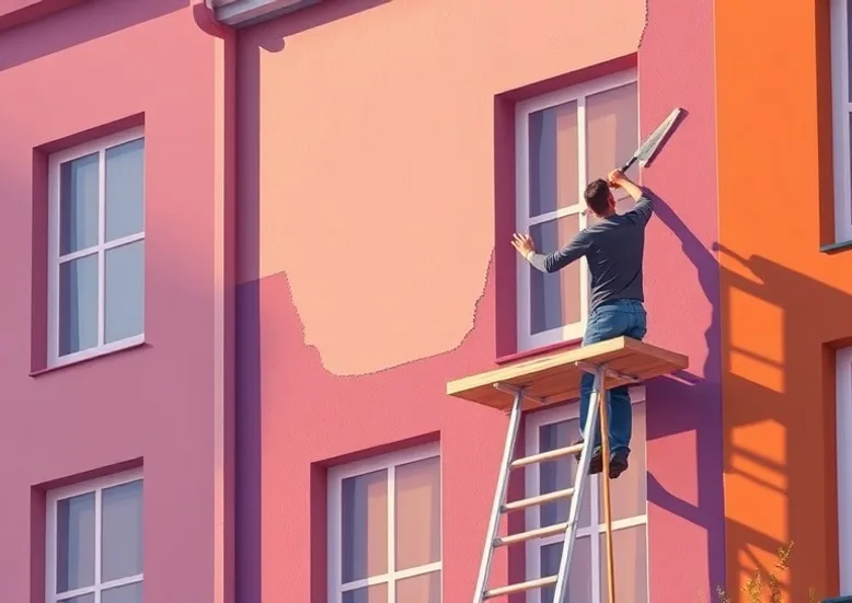 Peintre sur échafaudage traitant la façade d'une maison